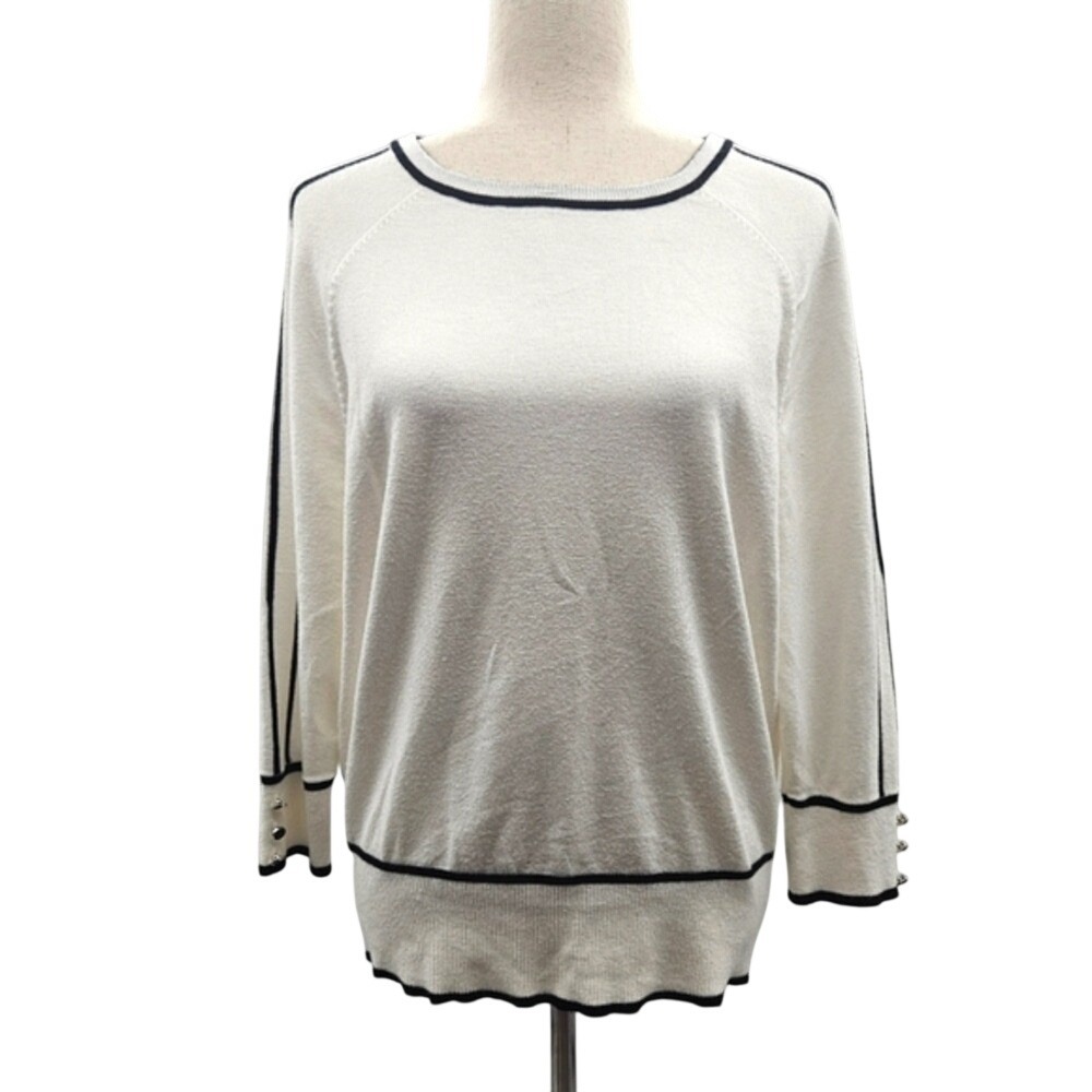 Retrology Womens Cream White Black Contrast Trim Button Cuff Knit Sweater Medium